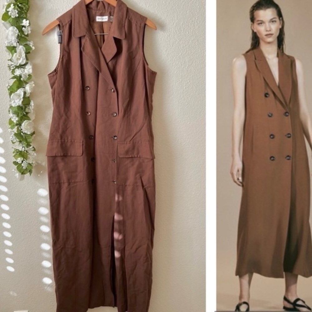 Vintage Ann Taylor Linen Blend Brown Tuxedo Vest Double Breasted Maxi Dress
